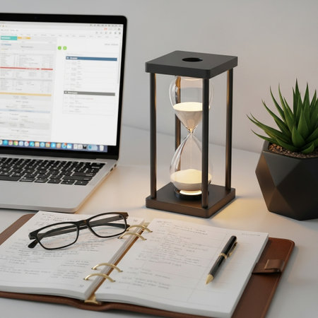 Laptop, notebook and hourglass on white table. Time management concept