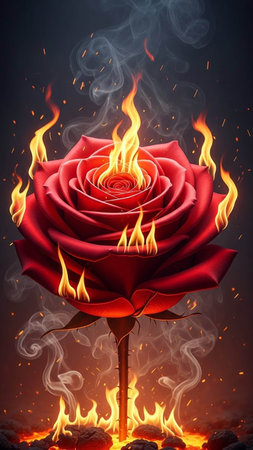 Red rose in the fire with flames and smoke, 3d illustrationの写真素材