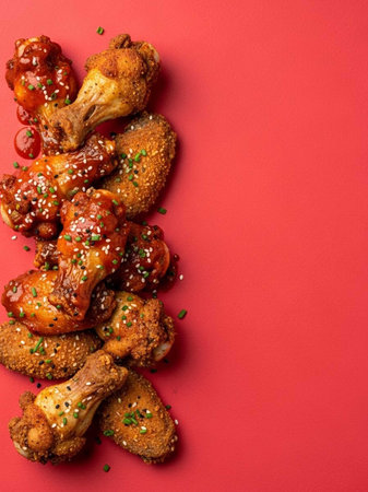 Fried chicken wings with sesame seeds on a red background