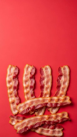 Slices of fried bacon on red background. Top view.