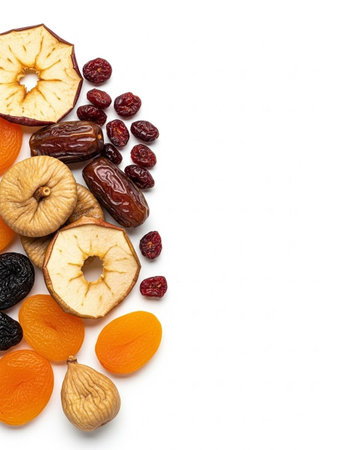 Dried fruits isolated on white background. Top view. Flat lay.