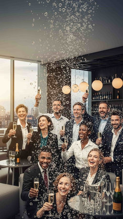 Group of diverse business people celebrating success with champagne glasses and splashes of water
