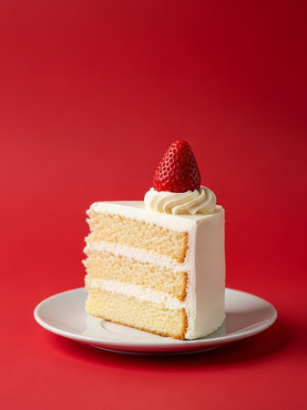 Strawberry cake on a red background. Selective focus.