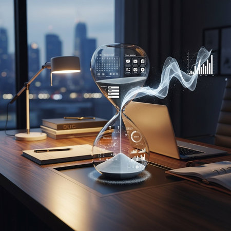 Laptop and hourglass on table in office. Time management concept. 3D Rendering