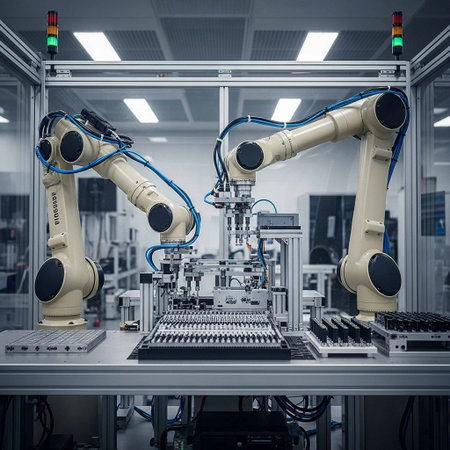3d rendering robotic arm in factory for assembly line or factory floor