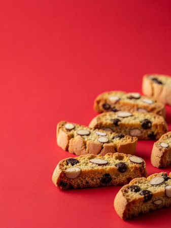 Biscotti with nuts and raisins on a red background