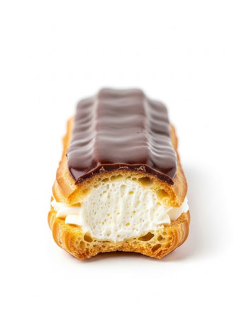 Chocolate eclair with ice cream isolated on a white background.