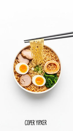 Instant noodles in bowl with chopsticks on white background, top view
