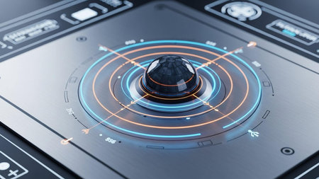 Close-up view of a control panel with a button. 3d rendering