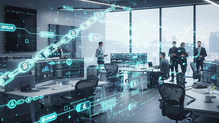 Business people working together in modern office with double exposure of binary code hologram....