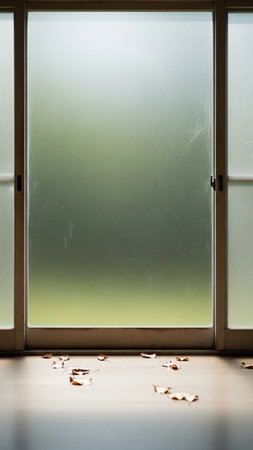 Door with autumn leaves and rain drops falling off the window.