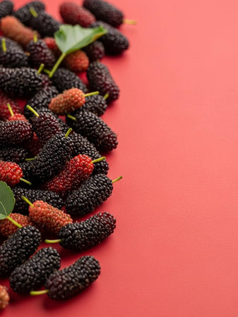 Mulberry fruits on red background with copy space for text.
