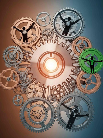 Teamwork concept as a group of people working together to build a team with gearwheels as a symbol...