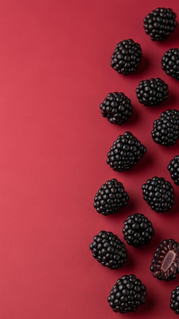 Blackberries on a red background. Top view. Copy space.