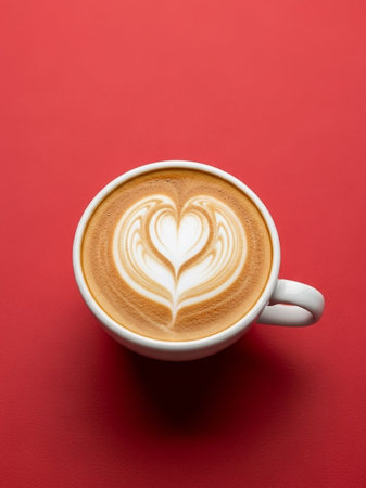 Cup of latte art coffee on red background, stock photo