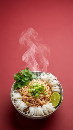 japanese udon noodles in bowl with steam on red backgroundの写真素材