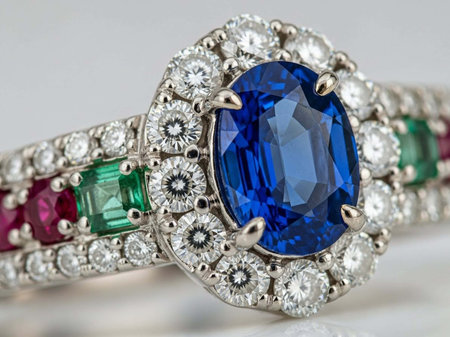 Jewelry ring with blue sapphire on a white background