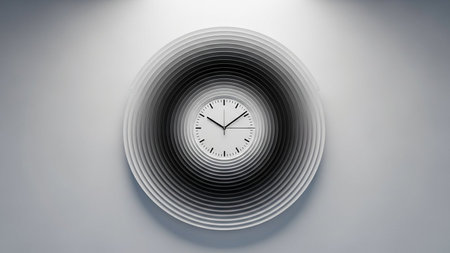 3d rendering of a round clock on a white wall background.