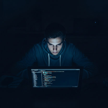 Hacker in hoodie working on laptop in dark room at night