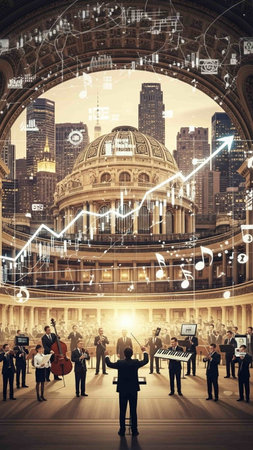Group of business people and stock market graphs on abstract city background. Financial and trading...