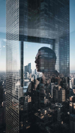 Double exposure of businesswoman looking out of window on New York city background