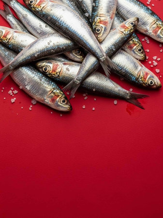 Fresh sardines on red background. Top view with copy space