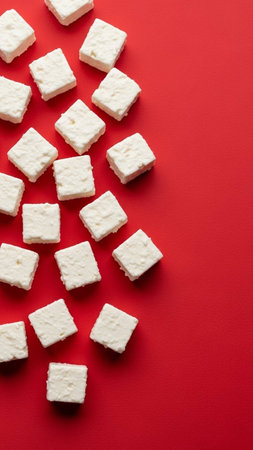 White sugar cubes on red background. Top view. Copy space.
