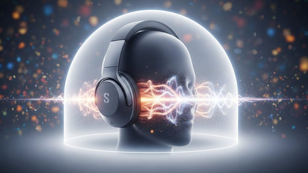 Digital composite of Headphones with light flare against black background 3d