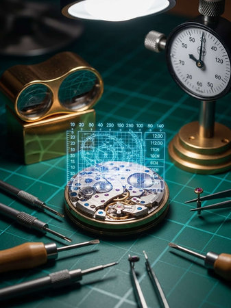 Watchmaker's workshop with mechanical watches and tools on a green background