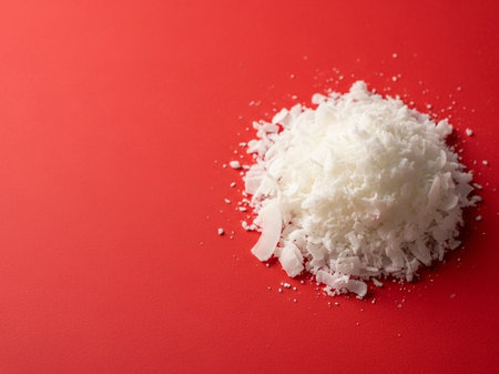 Pile of coconut flakes on red background, closeup. Space for text