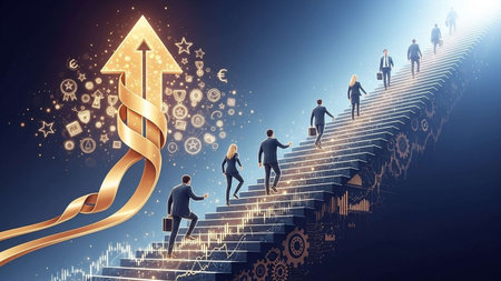 Business people climbing stairway to success, leadership concept. 3D rendering