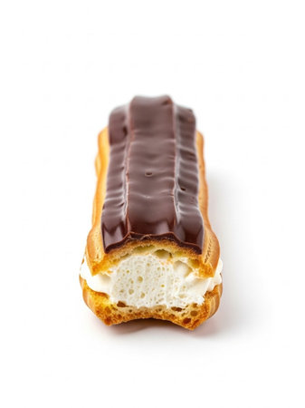 Eclair with chocolate isolated on white background, close-up.