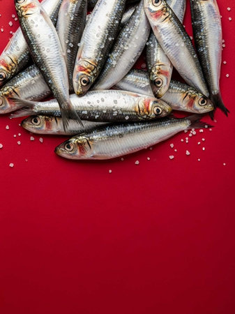 Fresh sardines on red background. Top view, copy space