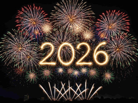 Happy new year written with Sparkle firework over night sky background