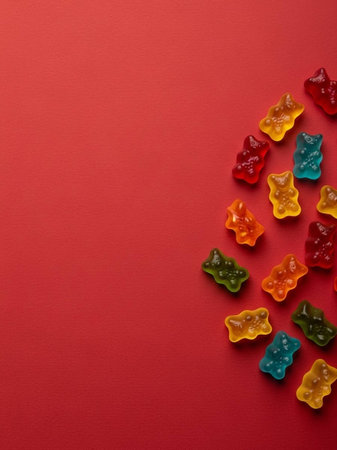 Colorful gummy bears on red background. Top view with copy space