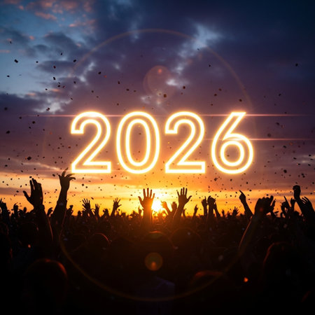 New year 2016 celebration concept. Silhouette of concert crowd with raised hands at sunset