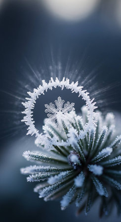 Fir branch covered with hoarfrost on a dark blue background