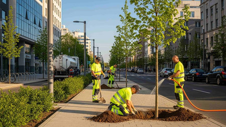 The workers are planting a treeの写真素材