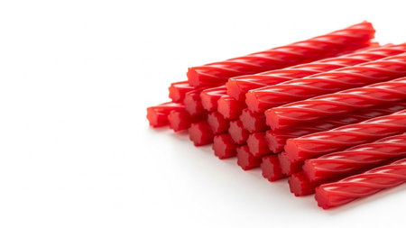 red candles isolated on white background, closeup of red candles on white backgroundの写真素材