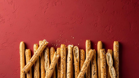 Grissini breadsticks with sesame seeds on a red backgroundの写真素材