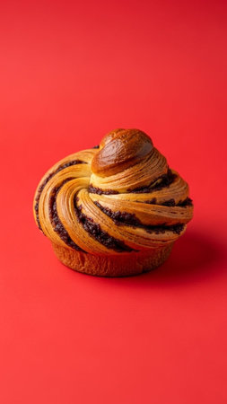 Sweet bun with poppy seeds on a red background, close-upの写真素材
