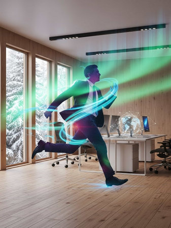 Businessman running in modern office with glowing hologram. 3D Renderingの写真素材
