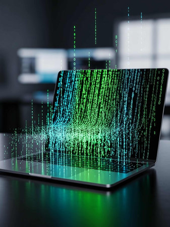 Abstract binary code on laptop screen. Technology concept. 3D Rendering