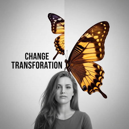 Beautiful young woman with butterfly instead of her head. Change transformation conceptの写真素材
