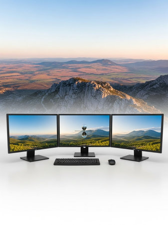 Computer monitors on a white background with mountains in the background. 3d rendering