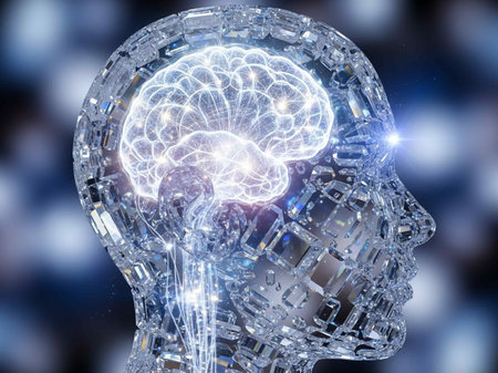 3d rendering of human head with glowing brain on bokeh background