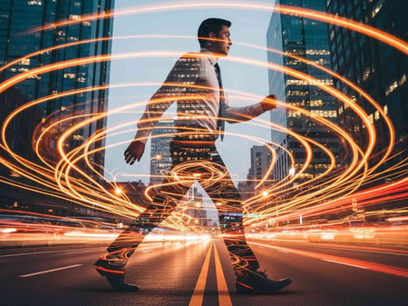Businessman running in the city with light trails. Double exposure.の写真素材