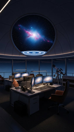 Spaceship interior with view on the galaxy. 3D rendering