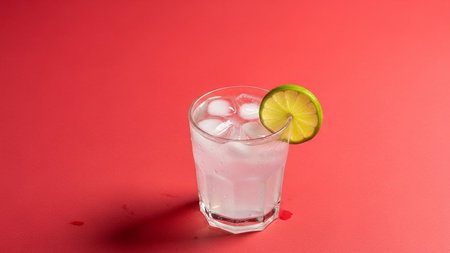 Alcoholic cocktail with lime and ice on a red background.の写真素材