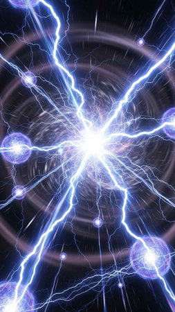 Blue and white electric lightning in the night sky. 3D illustration